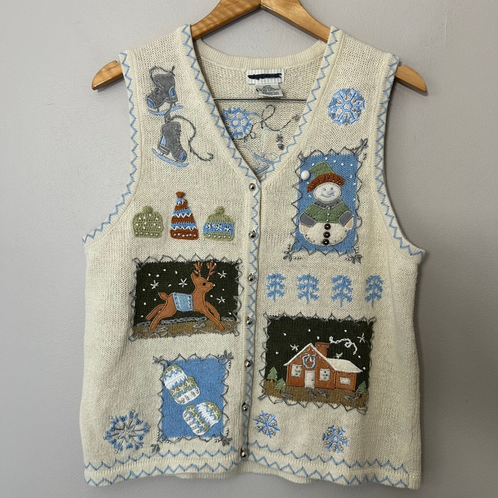 White Stag Christmas Sweater Vest Women Large Ivory Snowman Reindeer Beaded